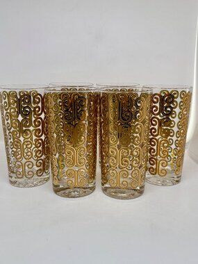 Rare MCM Fred Press "Gold Scroll" Highball Glasses - Set of 6